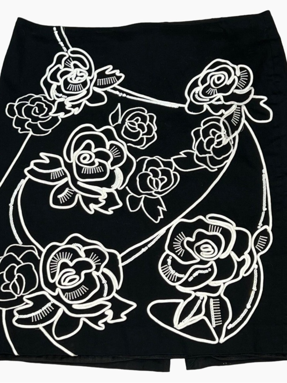 White House Black Market Black Skirt with Silver Floral Appliqué